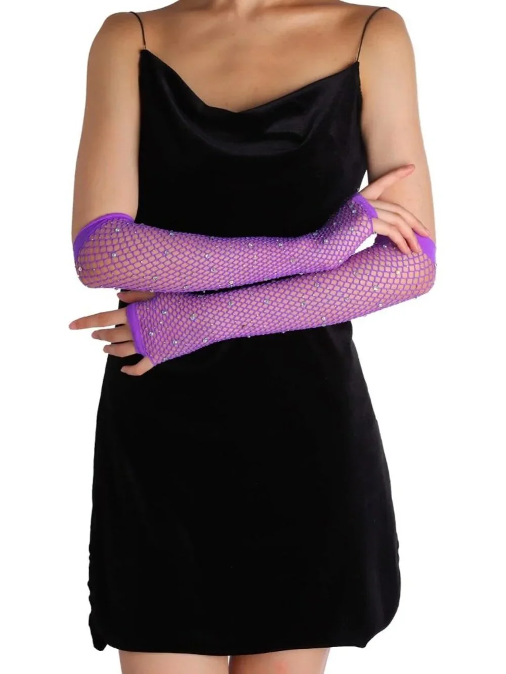 Women's Purple Rhinestone Fishnet Fingerless Gloves 80s Emo Scene Arm Cuffs
